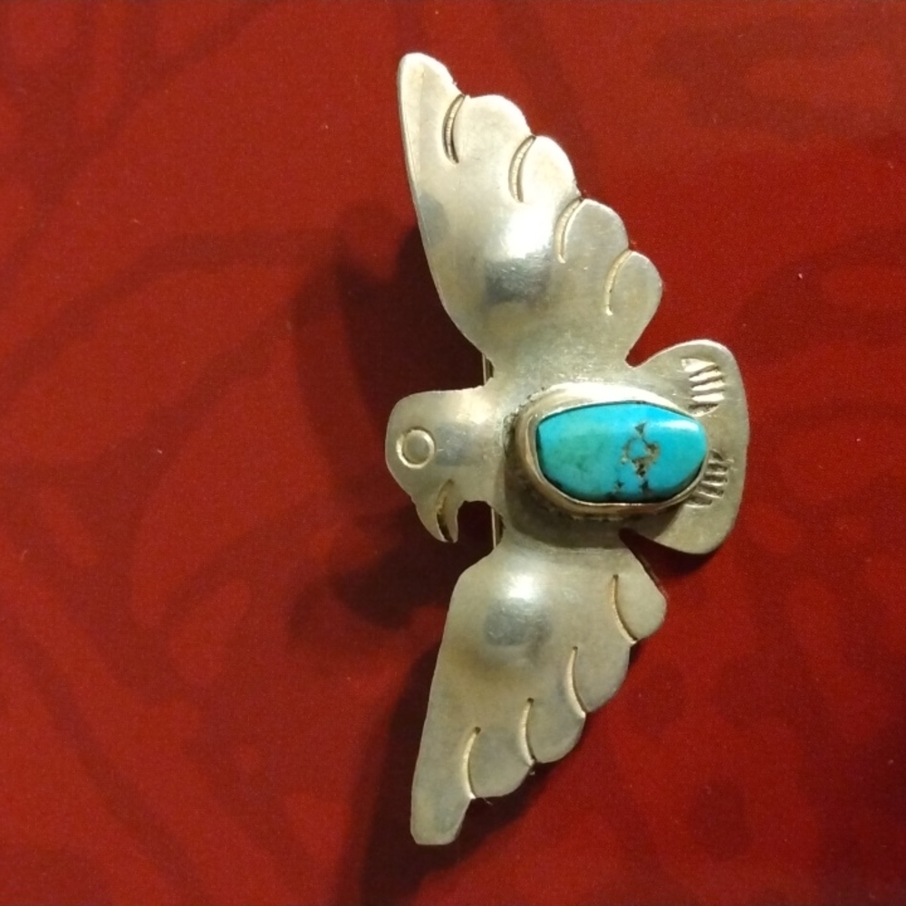 Vintage Silver and Turquoise Thunderbird Brooch